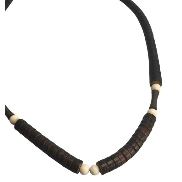Heshi Style Wood Beads Tribal Folk Art Necklace Brown White 17 Inch Vintage - Picture 3 of 5